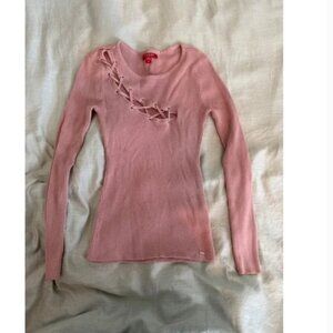 VTG Y2K Guess Pink Ribbed Lace Up Long Sleeve Sweater Top Women Size M